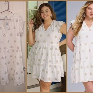 Torrid White and Gold Mini Dress with Ruffle Sleeves